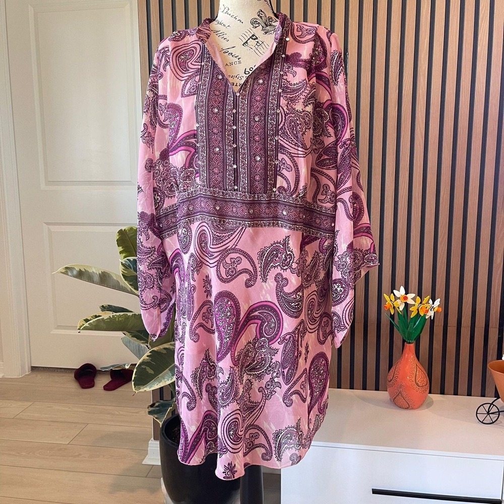 Mainstreet Blues Pink Paisley Print‎ Blouse Top Rhinestone Detail 1X